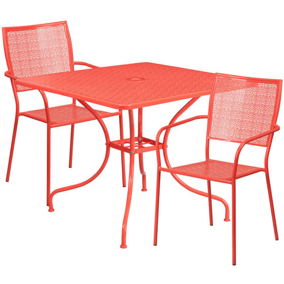 Oia Commercial Grade 35.5" Square Coral Indoor-Outdoor Steel Patio Table Set with 2 Square Back Chairs CO-35SQ-02CHR2-RED-GG