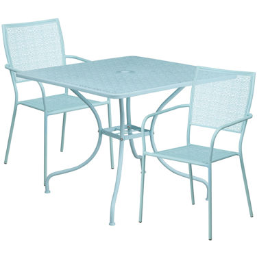 Oia Commercial Grade 35.5" Square Sky Blue Indoor-Outdoor Steel Patio Table Set with 2 Square Back Chairs CO-35SQ-02CHR2-SKY-GG