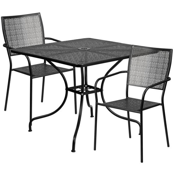 Oia Commercial Grade 35.5" Square Black Indoor-Outdoor Steel Patio Table Set with 2 Square Back Chairs CO-35SQ-02CHR2-BK-GG