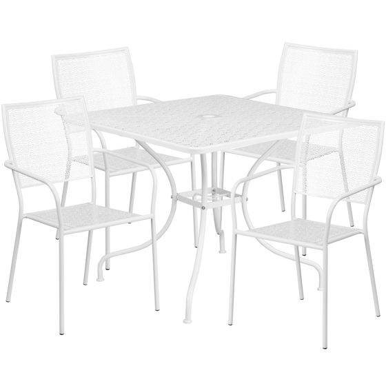 Oia Commercial Grade 35.5" Square White Indoor-Outdoor Steel Patio Table Set with 4 Square Back Chairs CO-35SQ-02CHR4-WH-GG
