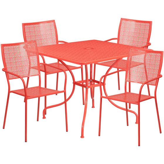 Oia Commercial Grade 35.5" Square Coral Indoor-Outdoor Steel Patio Table Set with 4 Square Back Chairs CO-35SQ-02CHR4-RED-GG
