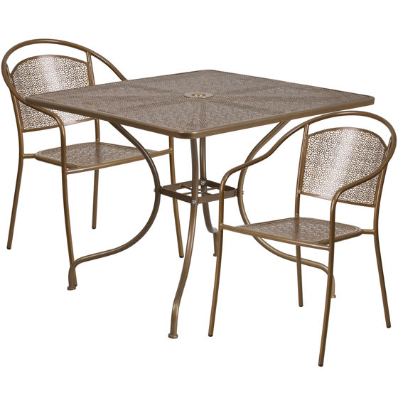 Oia Commercial Grade 35.5" Square Gold Indoor-Outdoor Steel Patio Table Set with 2 Round Back Chairs CO-35SQ-03CHR2-GD-GG