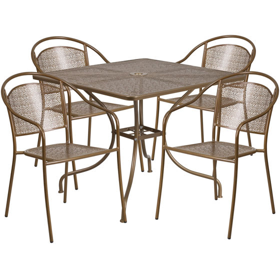 Oia Commercial Grade 35.5" Square Gold Indoor-Outdoor Steel Patio Table Set with 4 Round Back Chairs CO-35SQ-03CHR4-GD-GG