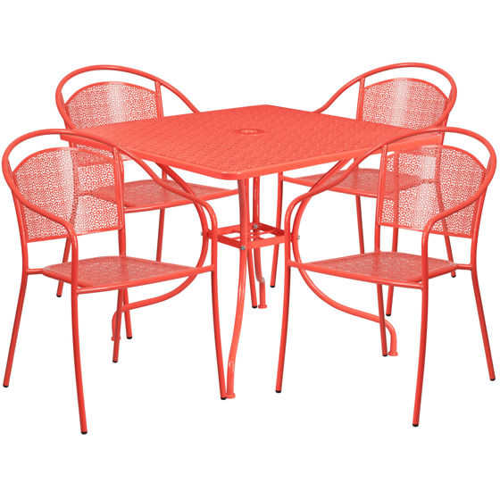 Oia Commercial Grade 35.5" Square Coral Indoor-Outdoor Steel Patio Table Set with 4 Round Back Chairs CO-35SQ-03CHR4-RED-GG