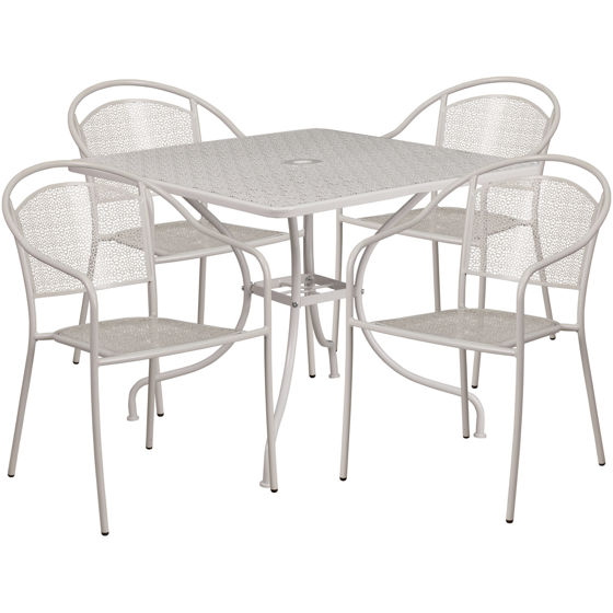 Oia Commercial Grade 35.5" Square Light Gray Indoor-Outdoor Steel Patio Table Set with 4 Round Back Chairs CO-35SQ-03CHR4-SIL-GG