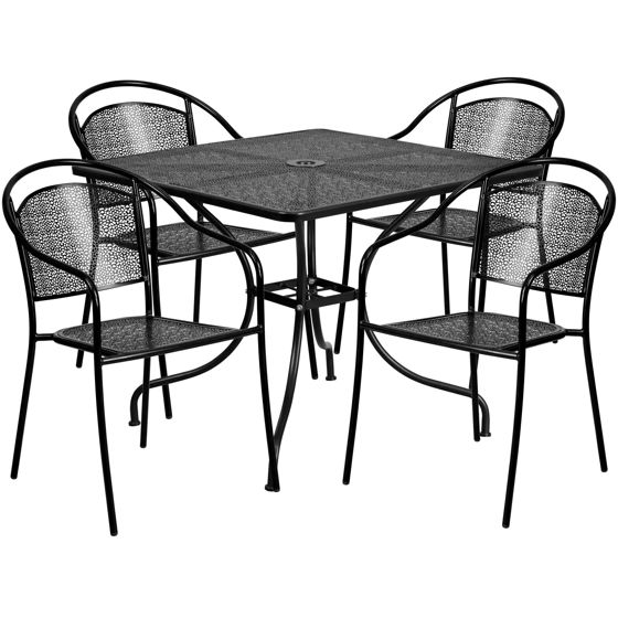 Oia Commercial Grade 35.5" Square Black Indoor-Outdoor Steel Patio Table Set with 4 Round Back Chairs CO-35SQ-03CHR4-BK-GG