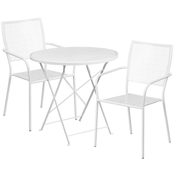 Oia Commercial Grade 30" Round White Indoor-Outdoor Steel Folding Patio Table Set with 2 Square Back Chairs CO-30RDF-02CHR2-WH-GG