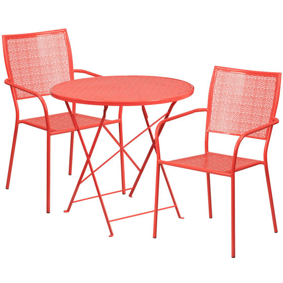 Oia Commercial Grade 30" Round Coral Indoor-Outdoor Steel Folding Patio Table Set with 2 Square Back Chairs CO-30RDF-02CHR2-RED-GG