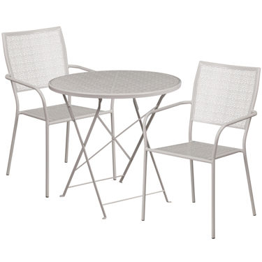 Oia Commercial Grade 30" Round Light Gray Indoor-Outdoor Steel Folding Patio Table Set with 2 Square Back Chairs CO-30RDF-02CHR2-SIL-GG
