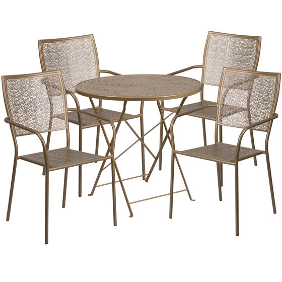Oia Commercial Grade 30" Round Gold Indoor-Outdoor Steel Folding Patio Table Set with 4 Square Back Chairs CO-30RDF-02CHR4-GD-GG