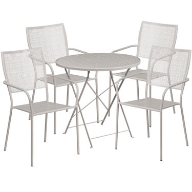 Oia Commercial Grade 30" Round Light Gray Indoor-Outdoor Steel Folding Patio Table Set with 4 Square Back Chairs CO-30RDF-02CHR4-SIL-GG