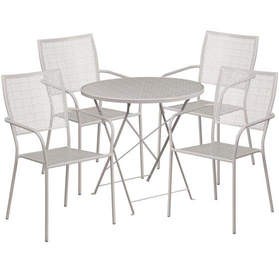 Oia Commercial Grade 30" Round Light Gray Indoor-Outdoor Steel Folding Patio Table Set with 4 Square Back Chairs CO-30RDF-02CHR4-SIL-GG