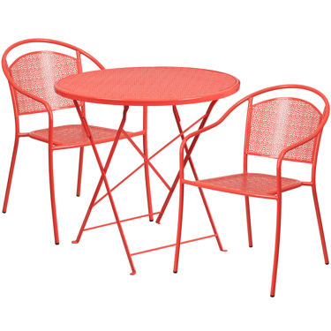 Oia Commercial Grade 30" Round Coral Indoor-Outdoor Steel Folding Patio Table Set with 2 Round Back Chairs CO-30RDF-03CHR2-RED-GG