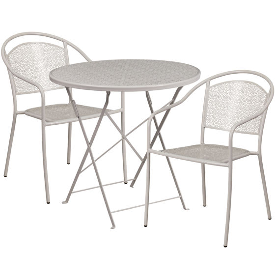 Oia Commercial Grade 30" Round Light Gray Indoor-Outdoor Steel Folding Patio Table Set with 2 Round Back Chairs CO-30RDF-03CHR2-SIL-GG
