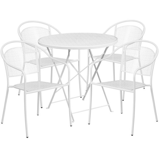 Oia Commercial Grade 30" Round White Indoor-Outdoor Steel Folding Patio Table Set with 4 Round Back Chairs CO-30RDF-03CHR4-WH-GG