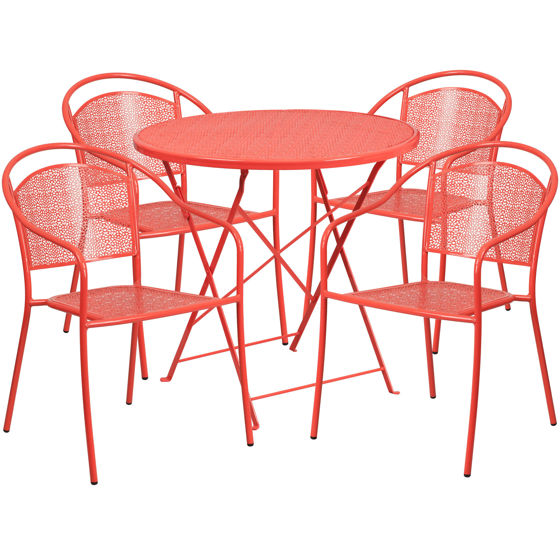 Oia Commercial Grade 30" Round Coral Indoor-Outdoor Steel Folding Patio Table Set with 4 Round Back Chairs CO-30RDF-03CHR4-RED-GG