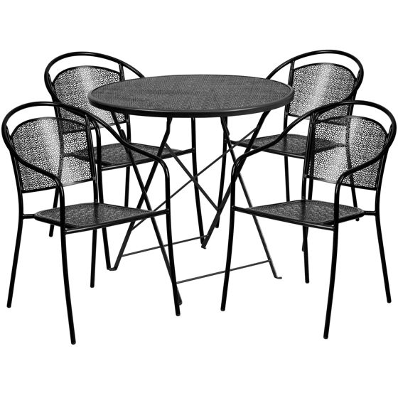 Oia Commercial Grade 30" Round Black Indoor-Outdoor Steel Folding Patio Table Set with 4 Round Back Chairs CO-30RDF-03CHR4-BK-GG