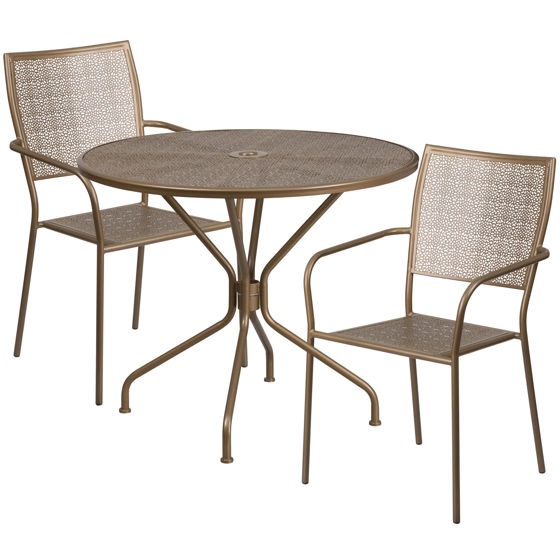 Oia Commercial Grade 35.25" Round Gold Indoor-Outdoor Steel Patio Table Set with 2 Square Back Chairs CO-35RD-02CHR2-GD-GG
