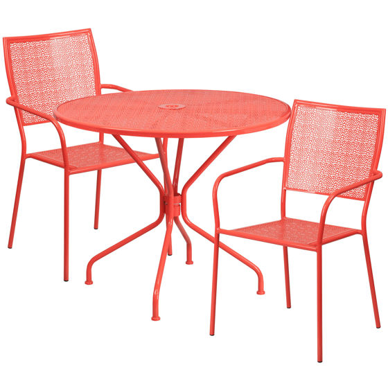 Oia Commercial Grade 35.25" Round Coral Indoor-Outdoor Steel Patio Table Set with 2 Square Back Chairs CO-35RD-02CHR2-RED-GG