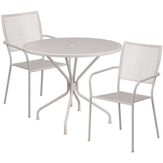 Oia Commercial Grade 35.25" Round Light Gray Indoor-Outdoor Steel Patio Table Set with 2 Square Back Chairs CO-35RD-02CHR2-SIL-GG