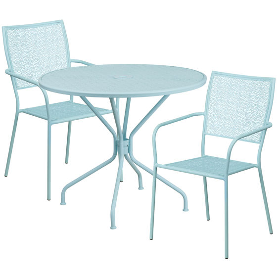 Oia Commercial Grade 35.25" Round Sky Blue Indoor-Outdoor Steel Patio Table Set with 2 Square Back Chairs CO-35RD-02CHR2-SKY-GG