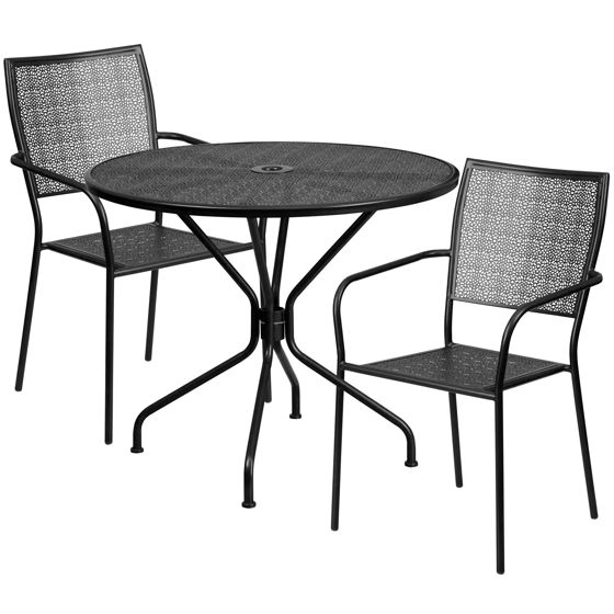 Oia Commercial Grade 35.25" Round Black Indoor-Outdoor Steel Patio Table Set with 2 Square Back Chairs CO-35RD-02CHR2-BK-GG