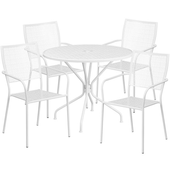 Oia Commercial Grade 35.25" Round White Indoor-Outdoor Steel Patio Table Set with 4 Square Back Chairs CO-35RD-02CHR4-WH-GG