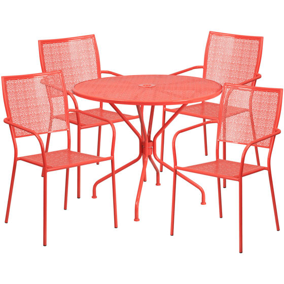 Oia Commercial Grade 35.25" Round Coral Indoor-Outdoor Steel Patio Table Set with 4 Square Back Chairs CO-35RD-02CHR4-RED-GG