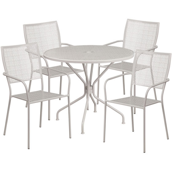 Oia Commercial Grade 35.25" Round Light Gray Indoor-Outdoor Steel Patio Table Set with 4 Square Back Chairs CO-35RD-02CHR4-SIL-GG