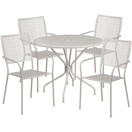 Oia Commercial Grade 35.25" Round Light Gray Indoor-Outdoor Steel Patio Table Set with 4 Square Back Chairs CO-35RD-02CHR4-SIL-GG