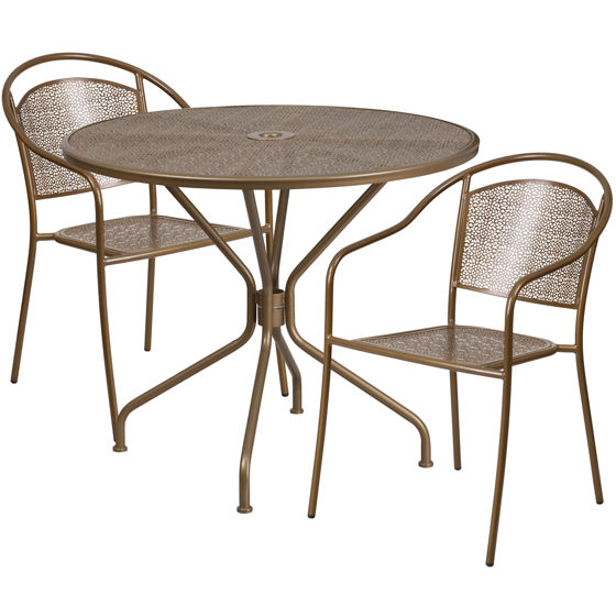 Oia Commercial Grade 35.25" Round Gold Indoor-Outdoor Steel Patio Table Set with 2 Round Back Chairs CO-35RD-03CHR2-GD-GG