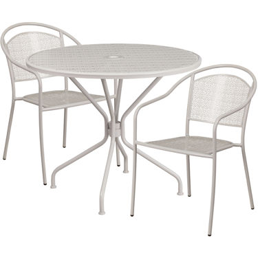Oia Commercial Grade 35.25" Round Light Gray Indoor-Outdoor Steel Patio Table Set with 2 Round Back Chairs CO-35RD-03CHR2-SIL-GG