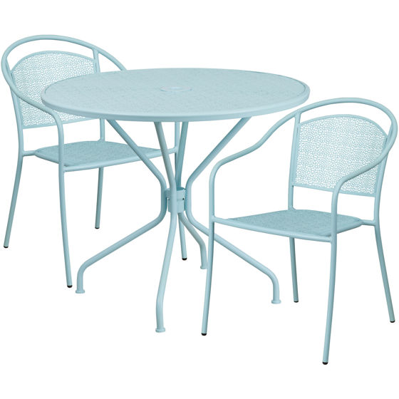 Oia Commercial Grade 35.25" Round Sky Blue Indoor-Outdoor Steel Patio Table Set with 2 Round Back Chairs CO-35RD-03CHR2-SKY-GG