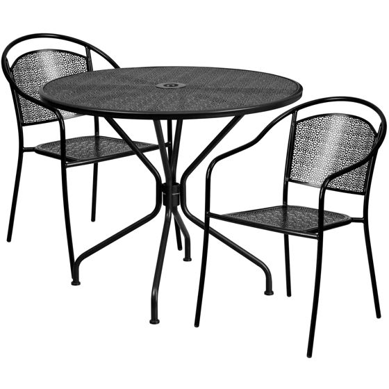 Oia Commercial Grade 35.25" Round Black Indoor-Outdoor Steel Patio Table Set with 2 Round Back Chairs CO-35RD-03CHR2-BK-GG