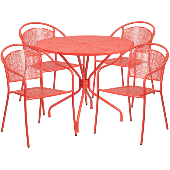 Oia Commercial Grade 35.25" Round Coral Indoor-Outdoor Steel Patio Table Set with 4 Round Back Chairs CO-35RD-03CHR4-RED-GG