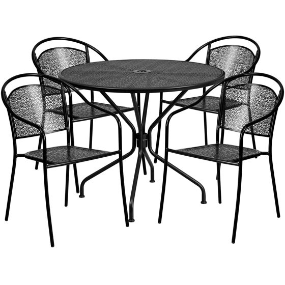 Oia Commercial Grade 35.25" Round Black Indoor-Outdoor Steel Patio Table Set with 4 Round Back Chairs CO-35RD-03CHR4-BK-GG