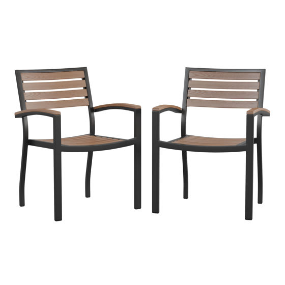 Lark Outdoor Stackable Faux Teak Side Chair - Commercial Grade Black Aluminum Patio Chair with Synthetic Teak Slats - Set of 2 2-XU-DG-HW6006-GG