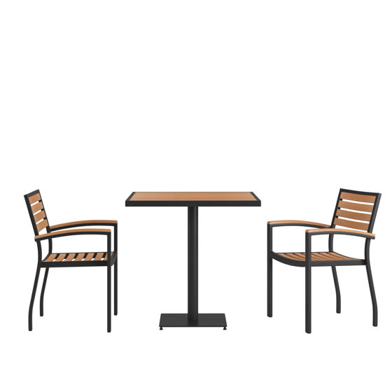 Lark Indoor/Outdoor 3 Piece Patio Dining Table Set - 30" Square Faux Teak Table & 2 Stacking Club Chairs with Teak Accented Arms XU-DG-104560062-GG