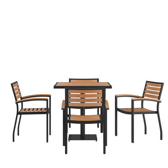 Lark Indoor/Outdoor 5 Piece Patio Dining Table Set - 30" Square Faux Teak Table & 4 Stacking Club Chairs with Teak Accented Arms XU-DG-104560064-GG