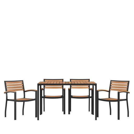 Lark 5 Piece Outdoor Dining Table Set - Synthetic Teak Poly Slats - 30" x 48" Steel Framed Table with Umbrella Hole-4 Club Chairs XU-DG-304860064-GG