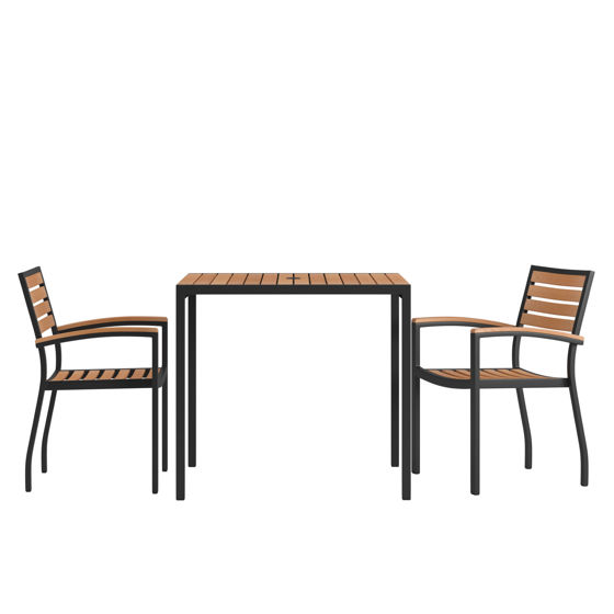 Lark 3 Piece Outdoor Dining Table Set - Synthetic Teak Poly Slats - 35" Square Steel Framed Table - Umbrella Hole - 2 Club Chairs XU-DG-810060062-GG