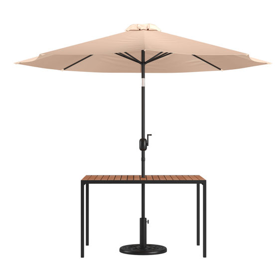Lark 3 Piece Outdoor Patio Table Set - 30" x 48" Square Synthetic Teak Patio Table with Tan Umbrella and Base XU-DG-UH3048-UB19BTN-GG