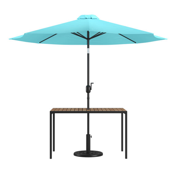 Lark 3 Piece Outdoor Patio Table Set - 30" x 48" Synthetic Teak Patio Table with Teal Umbrella and Base XU-DG-UH3048-UB19BTL-GG