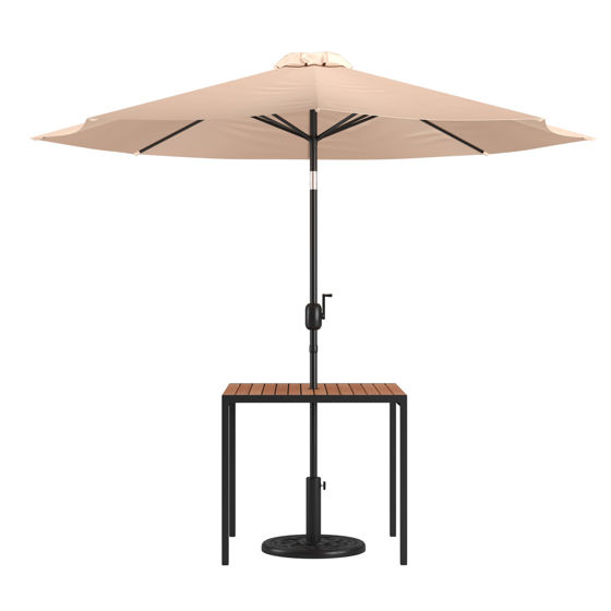 Lark 3 Piece Outdoor Patio Table Set - 35" Square Synthetic Teak Patio Table with Umbrella Hole and Tan Umbrella with Base XU-DG-UH8100-UB19BTN-GG