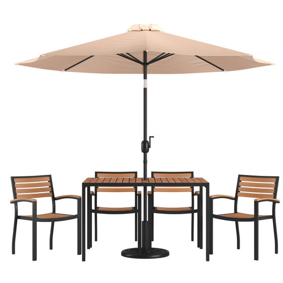 Lark 7 Piece Outdoor Patio Dining Table Set with 4 Synthetic Teak Stackable Chairs, 30" x 48" Table, Tan Umbrella & Base XU-DG-304860064-UB19BTN-GG