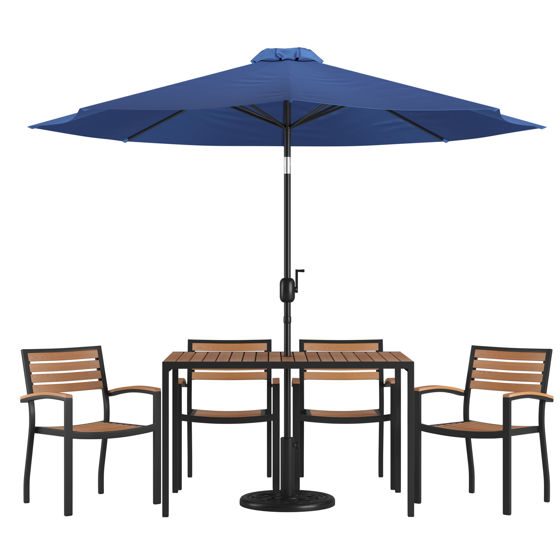 Lark 7 Piece Outdoor Patio Dining Table Set with 4 Synthetic Teak Stackable Chairs, 30" x 48" Table, Navy Umbrella & Base XU-DG-304860064-UB19BNV-GG