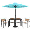 Lark 7 Piece Outdoor Patio Dining Table Set with 4 Synthetic Teak Stackable Chairs, 30" x 48" Table, Teal Umbrella & Base XU-DG-304860064-UB19BTL-GG