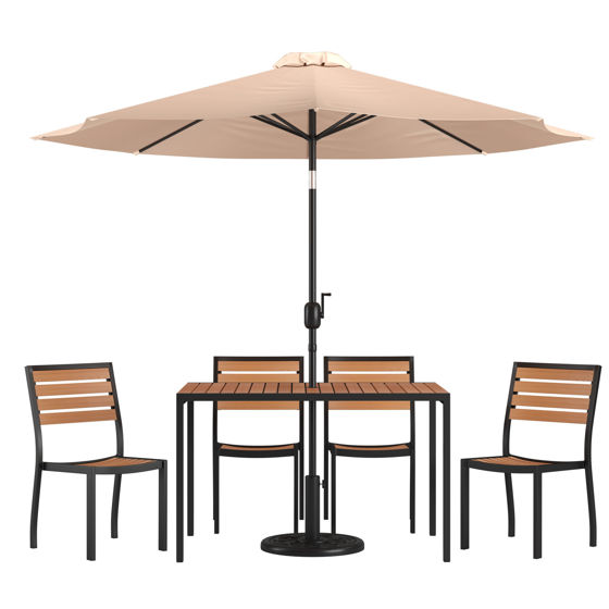 Lark 7 Piece All-Weather Deck or Patio Set - 4 Stacking Faux Teak Chairs, 30" x 48" Faux Teak Table, Tan Umbrella & Base XU-DG-304860364-UB19BTN-GG