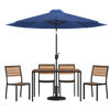 Lark 7 Piece All-Weather Deck or Patio Set - 4 Stacking Faux Teak Chairs, 30" x 48" Faux Teak Table, Navy Umbrella & Base XU-DG-304860364-UB19BNV-GG