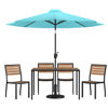 Lark 7 Piece All-Weather Deck or Patio Set - 4 Stacking Faux Teak Chairs, 30" x 48" Faux Teak Table, Teal Umbrella & Base XU-DG-304860364-UB19BTL-GG